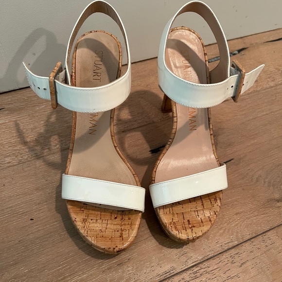 Stuart Weitzman Alesha Platform White Patent Leather/ Cork Sandal Size 7 - Picture 3 of 13